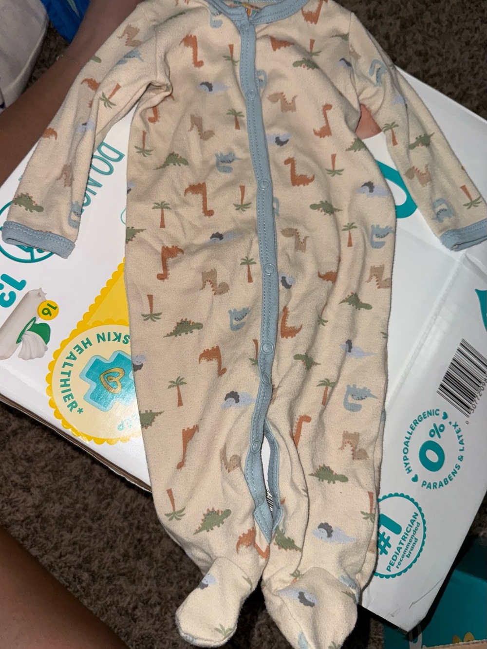 Baby Gear Cream Dino Footed One-Piece with Blue Trim